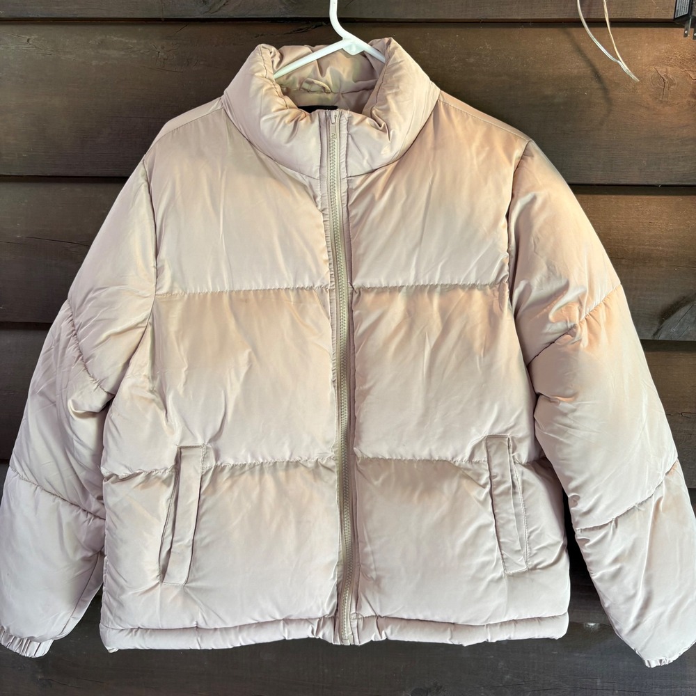 Forever 21 Women Blush Pink Quilted Puffer Jacket Size Medium Full Zip Mock Neck